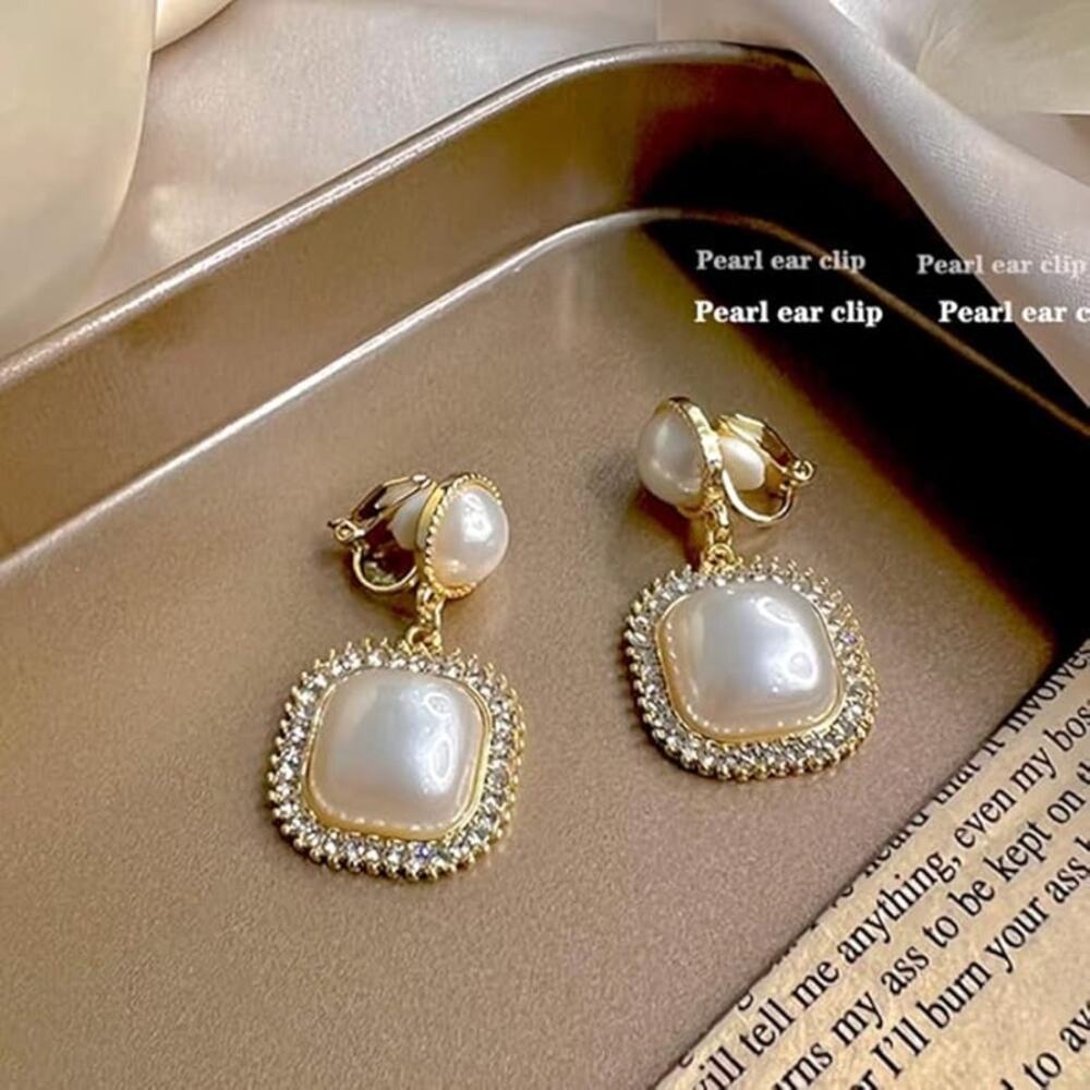 Pearl Clip On Earrings for Women Gold Plated Square Drop Dangle Wedding Jewelry - Picture 4 of 6
